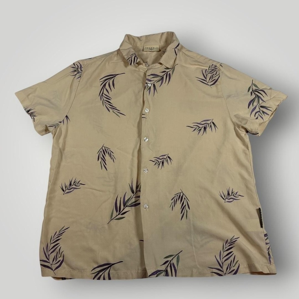 YoungLA Shirt Cabo Vibez Medium Beige Tropical Leaf Print Short Sleeve Button Up